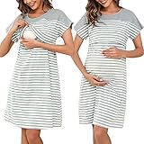 Litherday Stillnachthemd Damen Kurzarm Nachthemd Streifen Umstandskleid Nachtwäsche Baumwolle Nachtkleid Kurze Ärmel Rundhals Sleepwear für Schwangere oder Stillende, Hellgrau, L