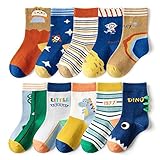 FedMois 10er Pack Kinder Socken Jungen Mädchen Strümpfe Baumwolle, Astronaut und Dinosaurier, Gr. 23-26