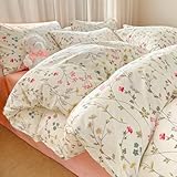 AShanlan Bettwäsche 135x200 Baumwolle Beige Rosa Blumenweise Grün Blätter Bettbezug 2teilig Pink Bunt Klein Blumenmuster Angenehme Deckenbezug und 1 Blümchen Kissenbezug 80x80 cm mit Reißverschluss