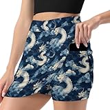Golfröcke für Damen mit Shorts, Drachenmotiv, blauer Drachendruck, Tennishose, mit Taschen, verschiedene farben, Medium