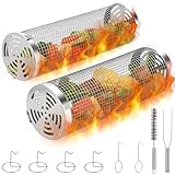 Rollender Grillkorb, Banaone 2 PCS Edelstahl Große Runde Grillkörbe mit Halterung, Reinigungsbürste, Tragbare Outdoor Camping BBQ Net Tube für Gemüse, Fisch, Gemüse, Geschenke für Männer/Papa