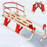 Laneetal Davoser Schlitten faltbar, Holzschlitten 110 cm, Kinderschlitten mit Rückenlehne, Rodel mit Zugseil, aus Buchenholz, für Kinder/Erwachsene, Rot