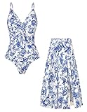 GRACE KARIN Tropische Blumen Bikini Set Badekleid Rock Sommerurlaub Strand Schwimmbad Outfit Weiß-Blaue Blumen L