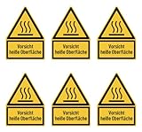 Aufkleber: 75x50 mm, 6 Stück - Vorsicht heiße Oberfläche - Warnzeichen mit Text (deutsch) (gelb/schwarz) - Dreick - W017 - DIN EN ISO 7010 / ASR A1.3