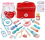 Kinder-Arztkoffer mit Stethoskop, weißem Arztkittel und -mütze, 29-teiliges Arzt-Spielset mit Kittel, Tasche, Thermometer & Spritze (tl02-White)