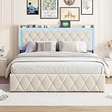 BRYXR Polsterbett 140 x 200 cm, Doppelbettrahmen mit stilvoller LED-Beleuchtung, USB-Ladefunktion und praktischem Stauraum, Samt–Beige, ohne Matratze