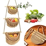 Deuson Obstkorb Hängend,Obst Hängekorb 3 Stöckiger,Obstkorb Etagere,Abnehmbares und Faltbares Design,Bohemian Dekoration,für Obst,Gemüse,Snacks und Spielzeug(braun)