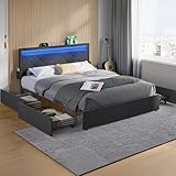 VASAGLE Doppelbettgestell, Bettgestell, passend für 140 x 200 cm Matratze, LED, Metallbett, 4 Schubladen, Ladestation, verstellbares gepolstertes Kopfteil, schiefergrau RMB827G02