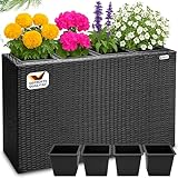 Casaria® Blumenkasten 4 Innentöpfe Polyrattan Herausnehmbar Wasserablauf Outdoor Rechteckig Pflanzkasten Blumentopf Hochbeet Pflanzkübel Schwarz