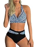 Adigaber Damen Zweiteiliger Badeanzug V Ausschnitt überkreuztes Blumenmuster Bikini Bademode Bauchkontrolle Bikini Sets L Blauer und schwarzer Druck