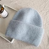 CCTUNG Damenmützen Winter Angora Kaninchenwolle Hält Warmes Stricken Solide Mütze Freizeit Schädel-Light Blue,One Size