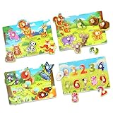 4 Stück Kleinkind Puzzle Spielzeug Set, Montessori-Spielzeug mit Tierthema Griff Holzpuzzle, Kinderspielzeug Motorikspielzeug Steckpuzzle Lernspielzeug, Feinmotorik, Geschenke für 1 2 bis 3 Jahre alt