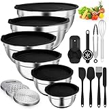 Edelstahl Salatschüssel mit Deckel - Rührschüssel 6er Set, 4.7L, 3.8L, 2.8L, 1.9L, 1.4L, 0.7L, Bowl Schüssel für Kochen Backen Aufbewahrung, Spülmaschinenfest, inkl. Reibe (Upgrade (Mit Silikonsohle))