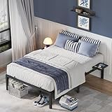 VASAGLE Bett 140 x 200 cm, Gästebett mit Aufbewahrungsregalen, Doppelbett, Bettgestell aus Metall, Bettrahmen, Metallbett, einfache Montage, klassikschwarz RMB094B01