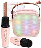 Karaoke Maschine mit 2 Drahtlosen Mikrofonen, Tragbares Bluetooth Karaoke Maschine für Kinder Erwachsene mit Stimme wechselnde Effekte LED-Lichter Jungen Mädchen Geschenke Heimparty (Rosa)