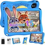 SUAAT Android 15 Kinder Tablet, 9 Zoll HD Display Kids Tablet, 12 + 32 GB(2TB TF), WiFi 5G, iWAWA, Widevine L1, GMS, 5MP+8MP, OTG,AI, Cast, 5000mAh, Elternkontrolle, mit Eva Schutzhülle –Blau
