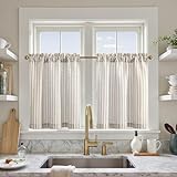 TOPICK Scheibengardine Gestreift Leinen Gardinen mit Streifen 2 Stücke H60 x B65 (cm) Küchenvorhang Blickdicht Kurz Küchengardinen für Küchen Esszimmer Badezimmer Klein Gardine Taupe auf Beige