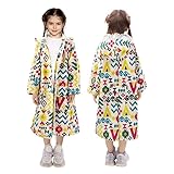 LAMA Regenmantel Kinder, Regenponcho Mädchen Leichter Kinder Regenjacke, Wiederverwendbar Regenbekleidung Regencape mit Kapuze & Rucksackabdeckung, Raincoat für Fahrrad Camping, Bunte Geometrie M