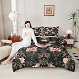 Manfei Halloween-Fledermaus-Bettwäsche-Set für Kinder, volle Größe, Rosenblüten, Blätter, botanische Pflanze, Mädchen/Jungen, Raumdekoration, Gothic-Tripy-Daunendecke, schwarz-rosa, Retro-Bettbezug, 2