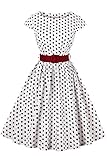 Axoe Damen 50er Jahre Audrey Hepburn Vintage Kleid Rockabilly Cocktail Partykleid Polka Dot- Gr. M (38), Weiß