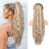 REECHO Ponytail Extension, 66 cm Long Beach Gewellt Zugband Pferdeschwanz Haarverlängerung Synthetischer Pferdeschwanz Haarteil für Frauen – Aschblond mit Highlights