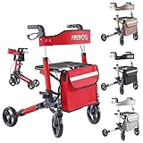 Arebos Leichtgewicht Rollator Aluminium | Reiserollator 6-fach höhenverstellbar | Faltbar | Inkl.Stockhalter und abnehmbare Einkaufstasche | Gehwagen Laufhilfe Gehhilfe mit Feststellfunktion | Rot