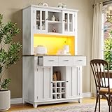 Ymkua Küchenschrank, Buffetschrank mit LED-Beleuchtung, Hochschrank Küchenbuffet mit 4 Türen und 3 Schubladen, Sideboard mit Lagerregal, Standschrank mit Verstellbaren Ablagen, 106x40x179.5cm (Weiß)