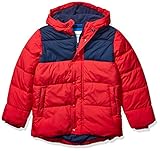 Amazon Essentials Jungen Schwere Pufferjacke mit Kapuze, Marineblau Rot Farbblock, 5 Jahre