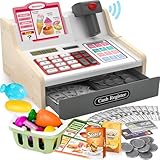 maysida Kinderkasse Holz-Registrierkasse mit Scanner & Sound für Kinder 3-5 Jahre, Spielzeug Kasse mit Scanner/Spielgeld/Münzen/EC-Karte/Einkaufskorb/Zubehör, kaufladen zubehör Idee