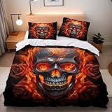 Bettwäsche-Sets Totenkopf Flamme Bettwäsche 155x220 Kinder 3 Teilig Atmungsaktive Mikrofaser 3D Effekt Artikel Horror Retro Bettbezüge Mit Reißverschluss Und 2 Kissenbezüge 80x80 cm