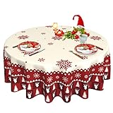 Weihnachtstischdecke, Schneeflocke, runde Tischdecke, 152,4 cm, Winter, Weihnachten, rote Tischdecke für rustikale Bauernhaus-Küchendekoration, abwischbare Polyester-Tischdecke für Urlaub, Party