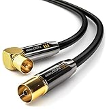 deleyCON 1,5m 4K TV Antennenkabel Koaxialkabel - 4K Ultra-HD Full HD HDTV - 1x IEC-Stecker 90° Gewinkelt zu IEC-Buchse Gerade - TV Radio DVB-T2 Metallstecker - Schwarz