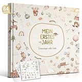 Hyggartn Mein Erstes Jahr Babyalbum mit 129 Stickern Personalisierte Geschenke Baby Geschenk Geburt Junge & Mädchen Fotoalbum Baby Erinnerung Babytagebuch 21x21 cm (Niedliche Motive mit Aufklebern)