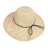 QH-Shop Stroh Sommerhut für Damen Faltbar Strohhut mit Groß Breite Kappe, Atmungsaktiv Strandhut Boho Weichem Sonnenhut für Reisen, Urlaub und Outdoor-Aktivitäten (Beige)