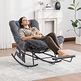 MARSBIRD Schaukelstuhl mit Verlängerbarer Fußhocker, Indoor & Outdoor-Rattansessel ohne Armlehnen mit Kissen und Seitentasche, Rutschfesten Füßen, für Wohnzimmer, Balkon, Schlafzimmer, Grau Cord