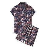 Minying Hawaiianische Hemden Shorts Hosen Set Herren Sommer 2-teilig Trainingsanzug Herren Strand bedruckt Kurzarm (Hemd + Hose) Gr. L, 54-Café