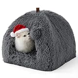 BEDSURE Katzenbett große Katzen Katzenhöhle- 40x40x40 cm Plüsch Katzenhaus Indoor mit abnehmbarem Katzenkissen und hängendem Spielzeug, Katzen Bettchen waschbar, dunkelgrau