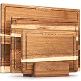 EDELHAUS Schneidebrett Holz 3er Set (40x30cm / 33x24cm / 26x18cm) Holzschneidebrett aus Massiver Akazie - 2cm dicke Holzbretter Küche mit Saftrille - Design Cutting Board Schneidbrett Set