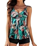 Genfien Tankini Damen Bauchweg Bademode Set Zweiteilig Push up Bademoden Bauchweg Tankini Set mit Tankini Top Beachwear Hotpants Badeanzug mit Zwei Trägern