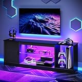 Bestier TV-Schrank 145x35x52 cm für Fernseher bis 65 Zoll mit RGB LED-Beleuchtung (22 Farben) & verstellbaren Glasböden - Lowboard für Wohnzimmer, Schlafzimmer (Schwarze Kohlefaser)