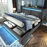 YAIXBNG Polsterbett Doppelbett 180x200 cm, Jugendbett mit LED, Stauraumbett mit hydraulischem Stauraum und USB Type-C Aufladen, Metallbettrahmen mit Holzlatten, Grau, Leinen, ohne Matratze.