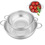 Küchensieb, Ø 22cm, 19cm Edelstahl Nudelsieb, mit Verstärktem Griff,2 Stück Siebkorb über, Für Nudeln Abtropfen, Gemüse und Obst, Spülmaschinenfest(Silber)