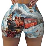 Nahtlose Workout-Shorts für Damen – Roter Zug, Heißluftballon, Biker, Fitnessstudio, Laufen, Yoga, Spandex-Shorts für Damen, Schwarz, Mittel