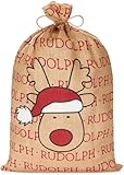 BRUBAKER Weihnachtssack Rudolph - 80 cm Geschenksack für Weihnachten - Rentier mit Weihnachtsmütze - Nikolaussack aus Jute - Sack mit Kordel zum Verpacken von Geschenken