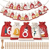 Dwelilin Adventskalender zum Befüllen 2023 für Kinder Frauen Männer, 18x13 cm Groß Weihnachtskalender Selber 24 Stoffbeutel, Tüten Säckchen DIY Weihnachtsdeko, Rot&Leinen Farbe