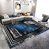 RUGMRZ Flurläufer rutschfest Abstraktes Geometrisches Wasserwäschbares Rutschfestes Stilvolles Schlafzimmer Wohnzimmer Bettumrandung Teppich Blau Tischkamin Flauschiger Kurzflor 300X400CM