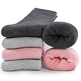 inaWarm Thermosocken Damen Winter, Frottee Baumwollsocken, Dicke Warme Crew Socken für Zuhause & Outdoor, 6 Paar, 35-38 39-42, Einfarbig & Gestreift