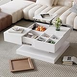 Couchtisch mit Höhenverstellbarer,Wohnzimmertisch mit Schublade Verstecktem Fach,Separates Verstecktes Staufach, Sofatisch mit 4 Fächern,75.5x75.5x38cm,Weiß