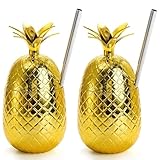 Cvoepobey 2er-Pack Ananas-Getränkebecher, 450 Ml Goldener Ananasbecher mit Gedehntem Strohhalm, Langlebige Hawaiianische Luau-Partybecher