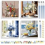 MARIHOME 4 Stück Malen Nach Zahlen Erwachsene mit Rahmen - 20×20cm Blume Paint by Numbers Adult mit Pinseln und Rahmen DIY Strände Malen nach Zahlen Erwachsenefür Home Décor